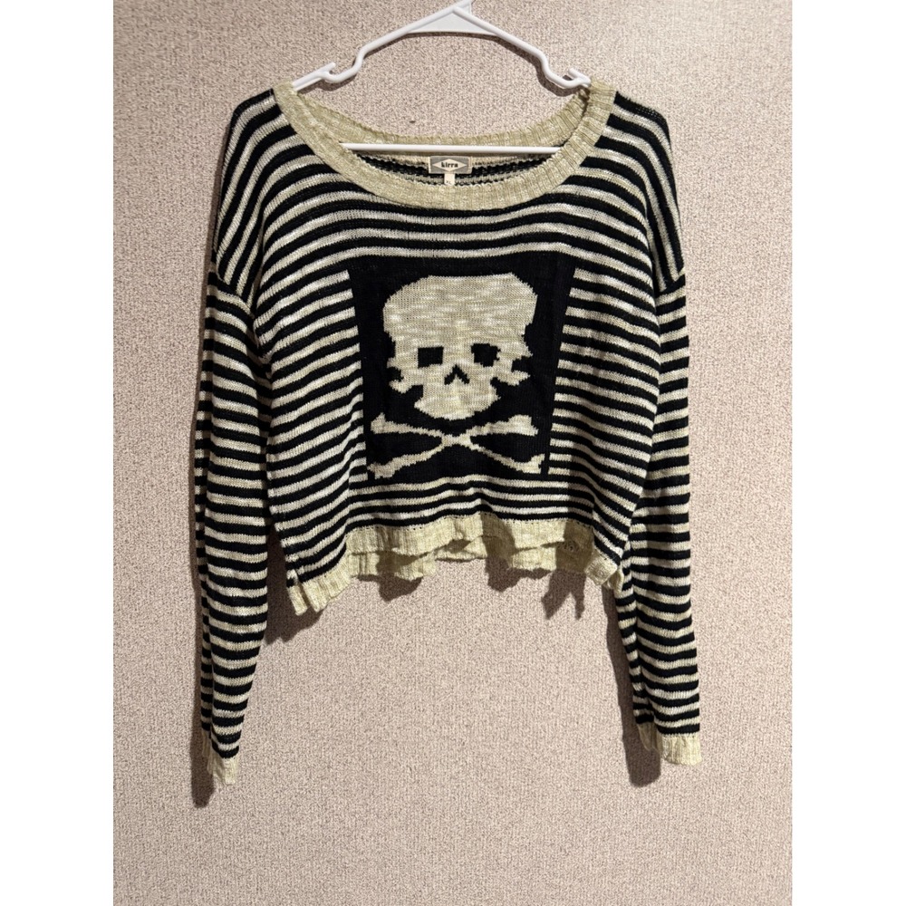 Kirra Striped Skull Cropped Sweater Black Cream XL Punk Goth Distressed Top